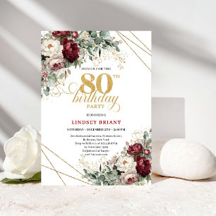 Invitación Cumpleaños 80 Boho Borgoña Eucalipto Floral