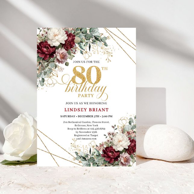 Invitación Cumpleaños 80 Boho Floral Borgoña Eucalipto (Burgundy Floral Eucalyptus Boho 80th Birthday)