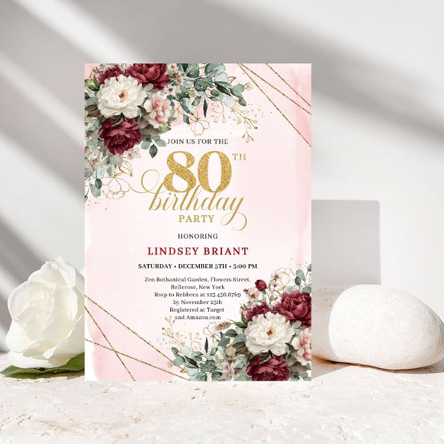 Invitación Cumpleaños 80 Boho Marsala Flores Eucalipto (Boho Marsala Flowers Eucalyptus 80th Birthday)