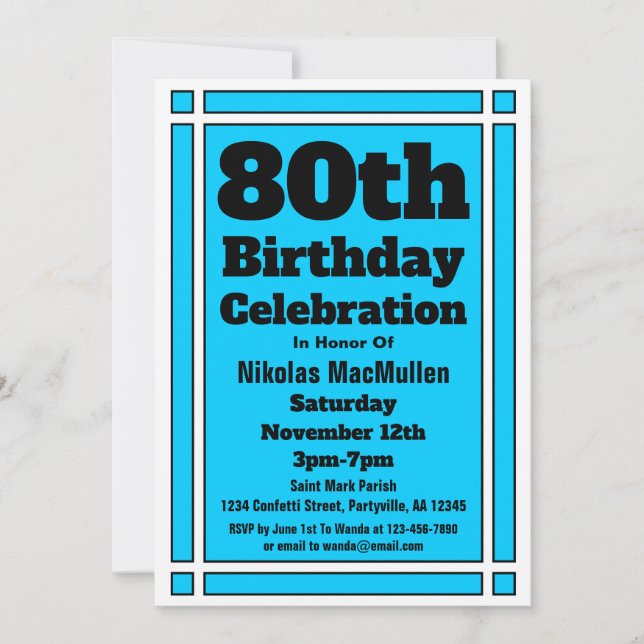 Invitación Cumpleaños 80 Brillante Azul (Anverso)