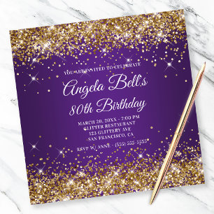 Invitación Cumpleaños 80 Brillante Oro Purpura Real Glitter