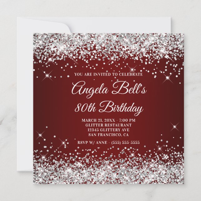 Invitación Cumpleaños 80 Brillante Plateado con Brillo Rojo O (Anverso)