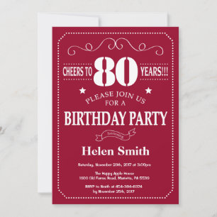 Invitación cumpleaños 80 Burgundy rojo y blanco