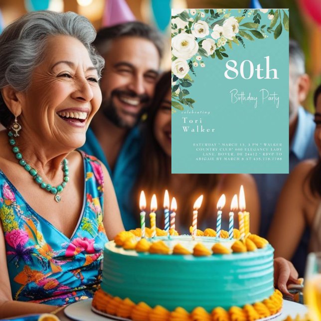 Invitación Cumpleaños 80 Cascada Floral Blanca Turquesa (Subido por el creador)