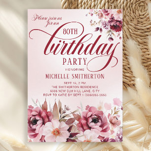 Invitación Cumpleaños 80 Chic Rosa Burdeos Floral Glam