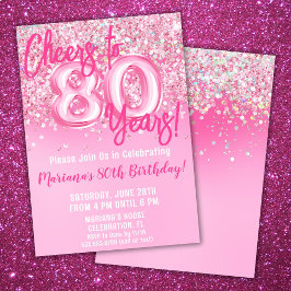 Invitación Cumpleaños 80 con brillo rosa