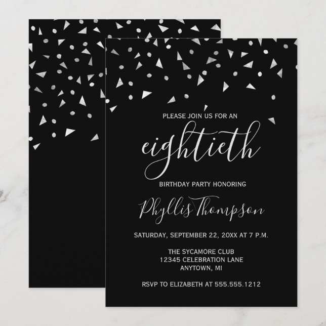 Invitación Cumpleaños 80 con Confeti de Plata sobre Negro (Anverso / Reverso)