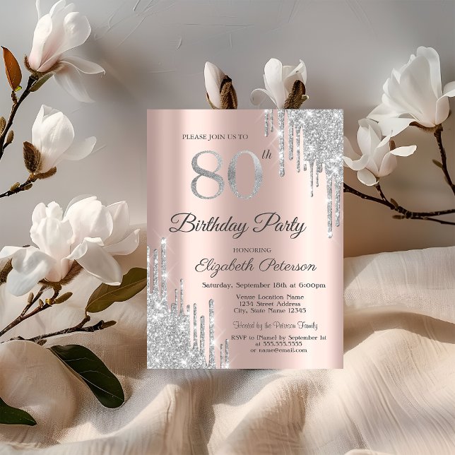 Invitación Cumpleaños 80 con Drips de Brillo Plateado Rosa Do (Subido por el creador)