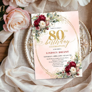 Invitación Cumpleaños 80 con Floral Burgundy Acuarela Suave 