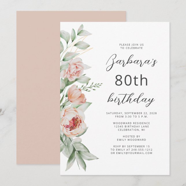 Invitación Cumpleaños 80 con Flores Acuarela y Rosa Melocotón (Anverso / Reverso)