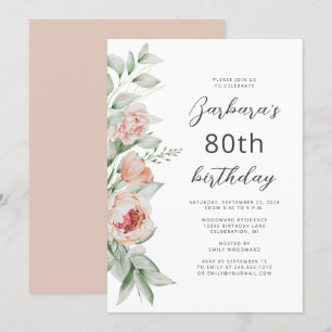 Invitación Cumpleaños 80 con Flores Acuarela y Rosa Melocotón