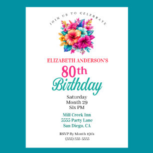 Invitación Cumpleaños 80 con Flores Tropicales