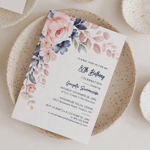 Invitación Cumpleaños 80 con Letra Floral Rosa