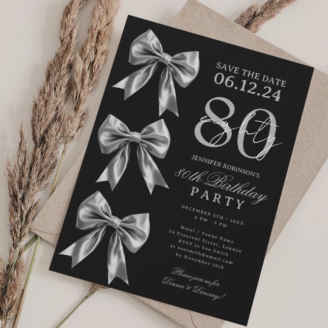 Invitación Cumpleaños 80 Coquette de plata Guardar fecha Negr (Silver Coquette Bow Save Date 80th Birthday Black Invitation)