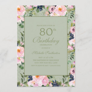 Invitación Cumpleaños 80 Cumpleaños Rosa Floral Verde Menta
