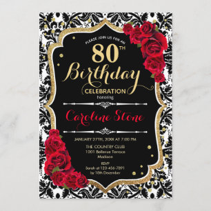 Invitación Cumpleaños 80 - Damasco Rojo Rosas Dorado Negro