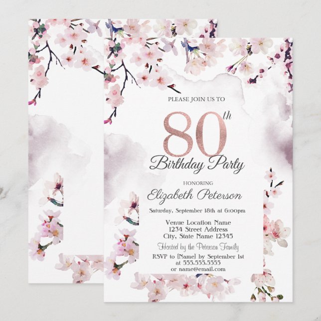 Invitación Cumpleaños 80 de Cherry Blossom (Anverso / Reverso)