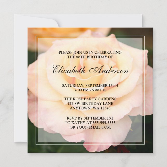 Invitación Cumpleaños 80 de Fiesta de Rosa Rosa Melocotón (Anverso)