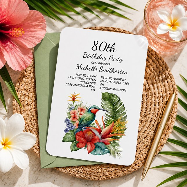 Invitación Cumpleaños 80 de Flor Tropical Colibrí (Tropical hummingbird 80th birthday party invitation)