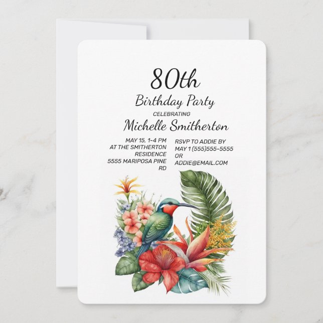 Invitación Cumpleaños 80 de Flor Tropical Colibrí (Anverso)