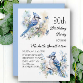 Invitación Cumpleaños 80 de flores de pájaro arrendajo azul P