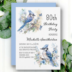 Invitación Cumpleaños 80 de flores de pájaro arrendajo azul P