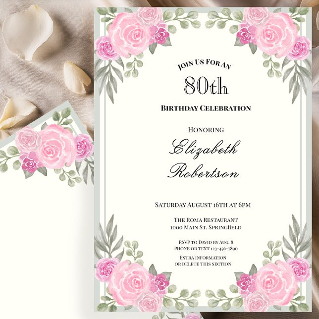 Invitación Cumpleaños 80 de flores rosadas y verde salvia (Subido por el creador)