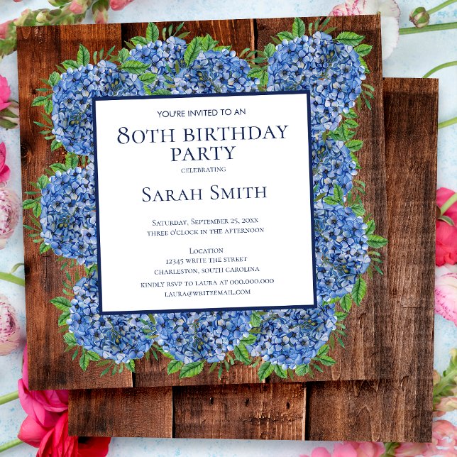 Invitación Cumpleaños 80 de Hortensias Azules de Madera Fiest (Subido por el creador)