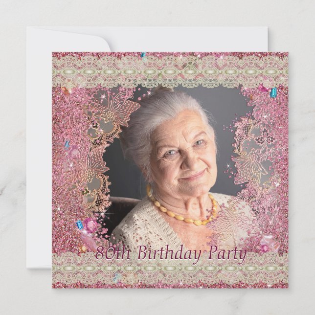 Invitación Cumpleaños 80 de mujer con destellos rosados (Anverso)