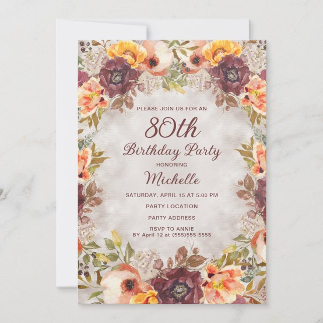 Invitación Cumpleaños 80 de mujer con flores naranja y óxido  (Anverso)