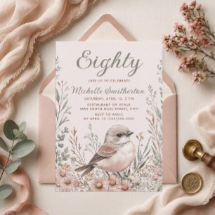 Invitación Cumpleaños 80 de pájaro neutral marrón verde flora