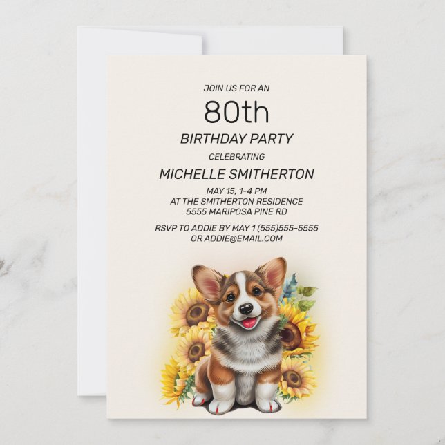 Invitación Cumpleaños 80 de perro Corgi lindo girasoles (Anverso)