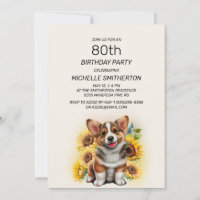 Cumpleaños 80 de perro Corgi lindo girasoles