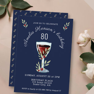 Invitación Cumpleaños 80 de vino tinto rosa acuarela azul mar