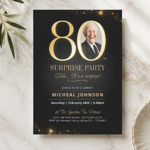 Invitación Cumpleaños 80 dorado negro elegante sorpresa foto