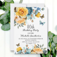 Cumpleaños 80 Dusty Blue Amarillo Floral Mariposas