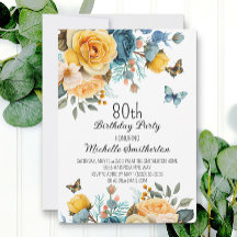 Cumpleaños 80 Dusty Blue Amarillo Floral Mariposas