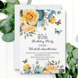 Invitación Cumpleaños 80 Dusty Blue Amarillo Floral Mariposas