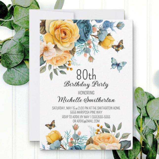 Invitación Cumpleaños 80 Dusty Blue Amarillo Floral Mariposas (Subido por el creador)