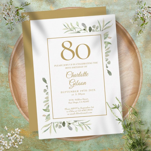 Invitación Cumpleaños 80 Elegante Acuarela Dorada con Vegetac (Subido por el creador)