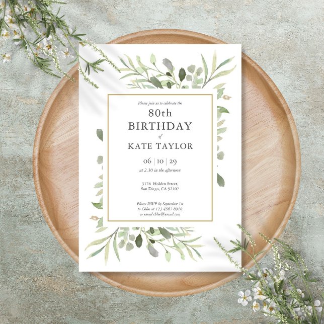 Invitación Cumpleaños 80 Elegante Acuarela Dorada en Verde (Elegant Gold Watercolour Greenery 80th Birthday Invitation)