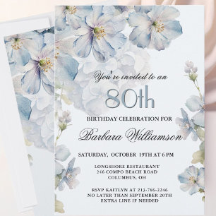 Invitación Cumpleaños 80 Elegante Acuarela Floral Azul