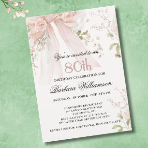 Invitación Cumpleaños 80 Elegante Arco Floral Rosa Acuarela