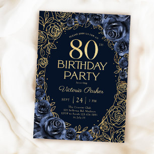 Invitación Cumpleaños 80 elegante azul marino y floral dorado
