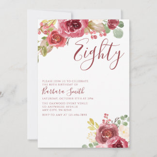 Invitación Cumpleaños 80 Elegante Burdeos Floral Acuarela