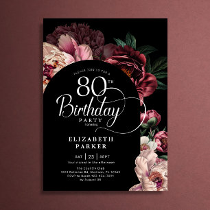 Invitación Cumpleaños 80 Elegante Burdeos Rosas Peonías