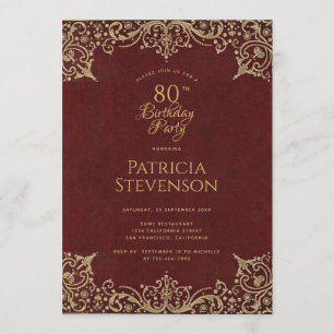 Invitación Cumpleaños 80 Elegante Burgundy Letra Dorada Vinta