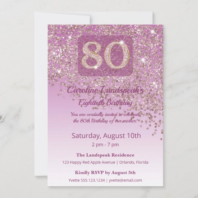 Invitación Cumpleaños 80 Elegante con Brillo Dorado Rosa  (Anverso)