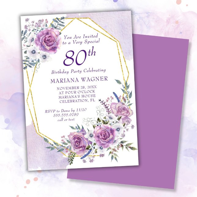 Invitación Cumpleaños 80 Elegante con Flores de Acuarela Mora (Subido por el creador)