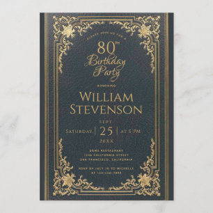 Invitación Cumpleaños 80 Elegante Dorado Vintage sobre Azul M
